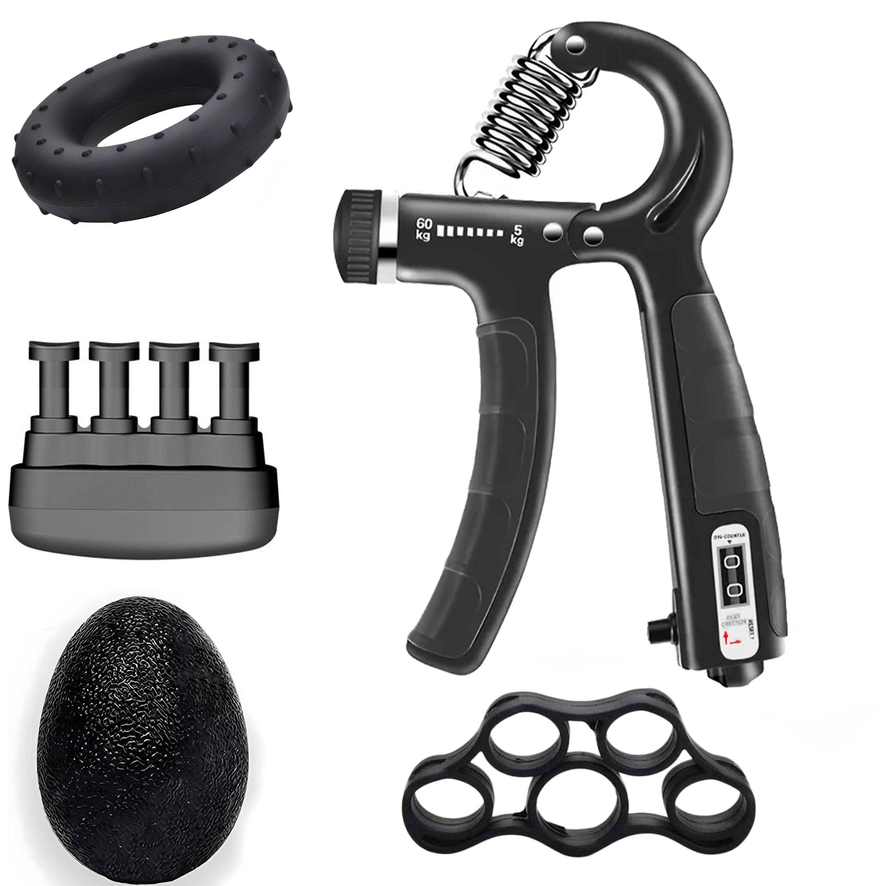 5pcs Ultimate Grip Strength Trainer Kit with Counter - Includes Adjustable Hand Gripper, Finger Exerciser, Relax Ball, and More - Perfect for Enhancing Hand Strength & Reducing Stress, Black, Relax Tools|Secure Strap Feature|Durable Polypropylene, Gym